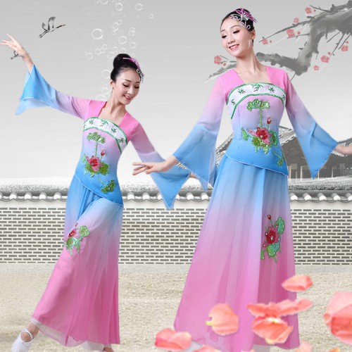 Women's chinese folk dance costumes for female pink green ancient traditional yangko fan fairy cosplay dance costumes 